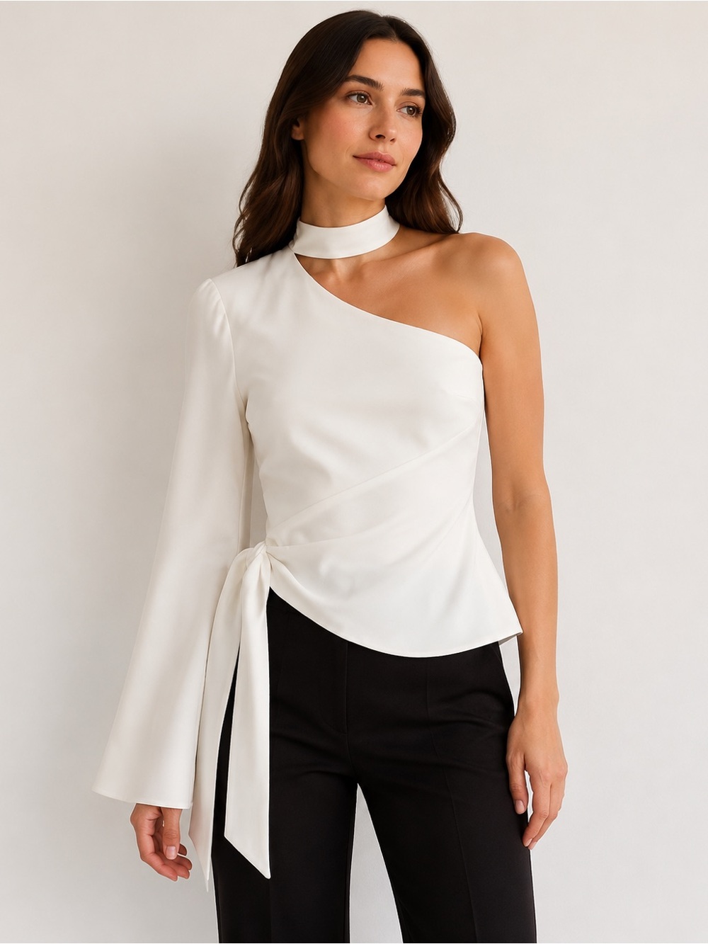 cinq a sept White One-Shoulder Choker Tie Blouse